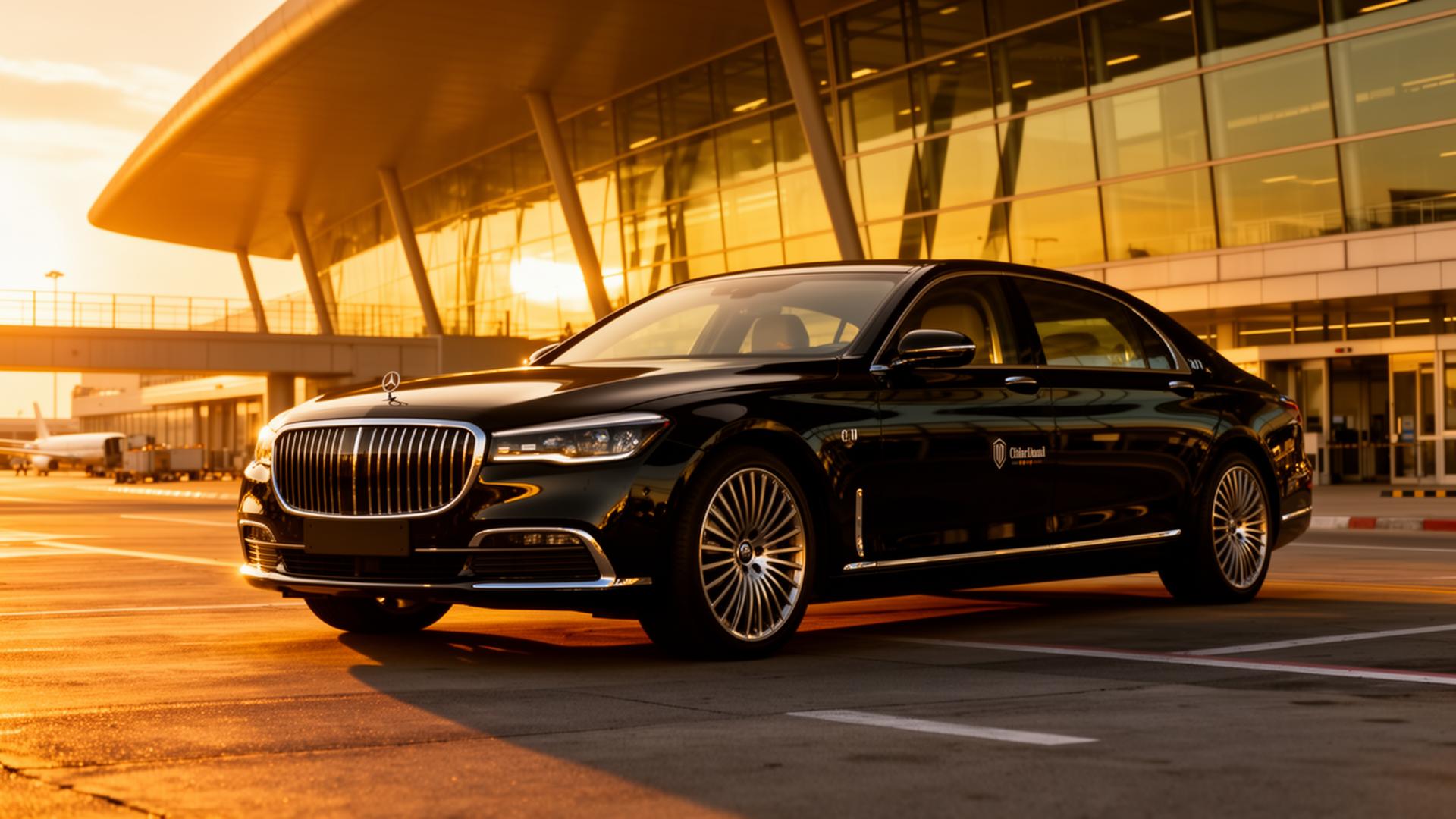 Premium luxury black sedan at airport terminal at golden hour