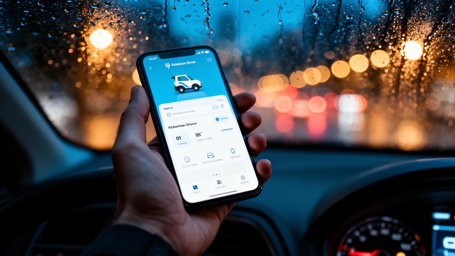 Driver holding phone with rideshare app at night through a rainy windshield